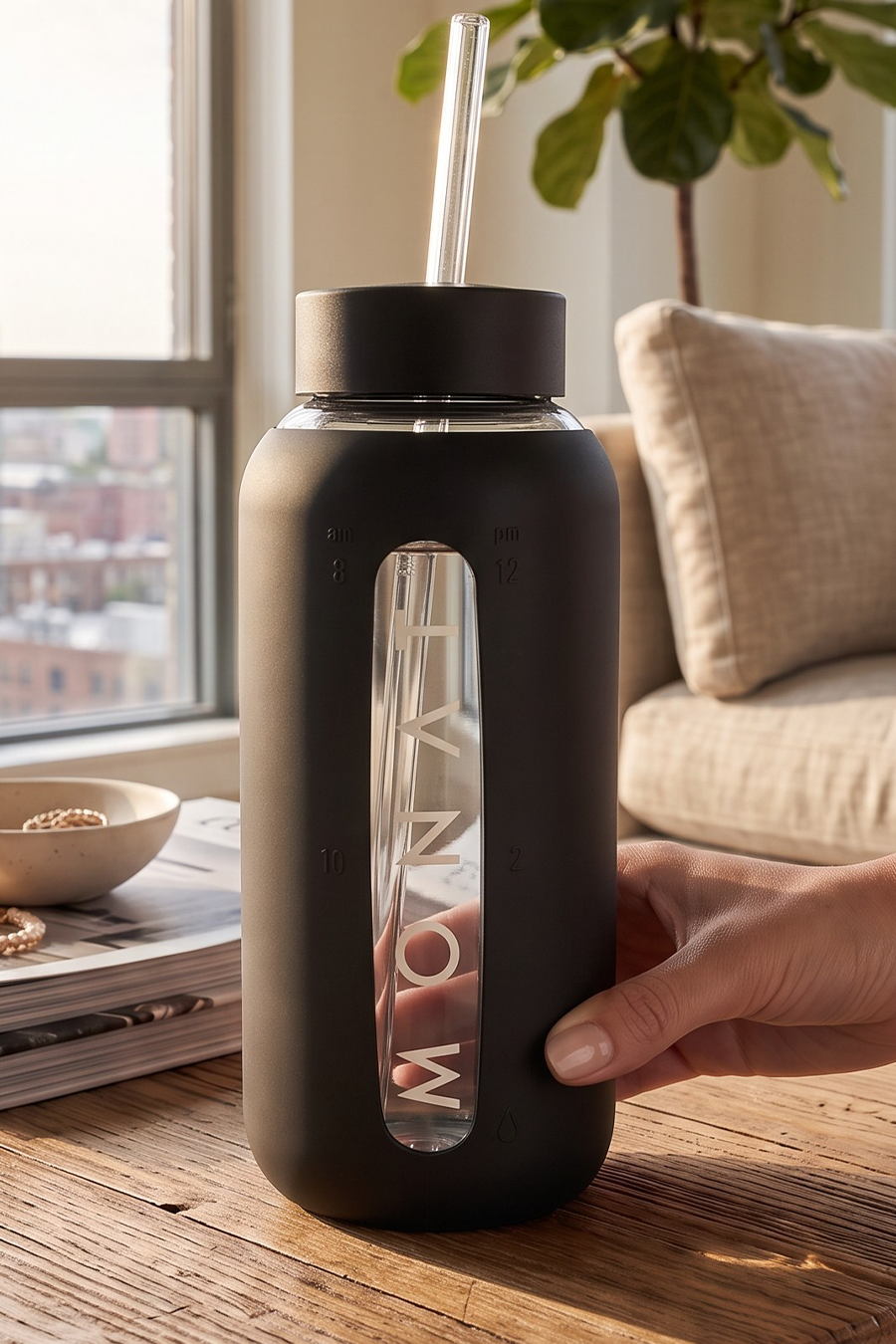 MONAT Glass Water Bottle With Interchangeable Lids - BLACK