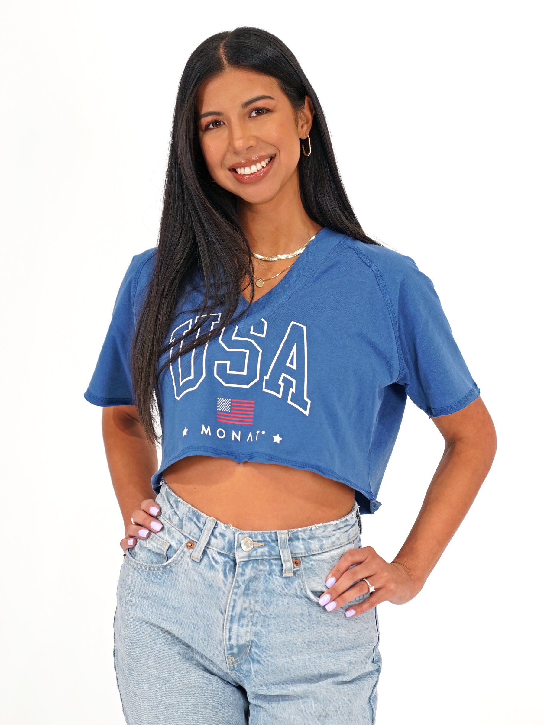 USA BLUE V-NECK CROP TEE