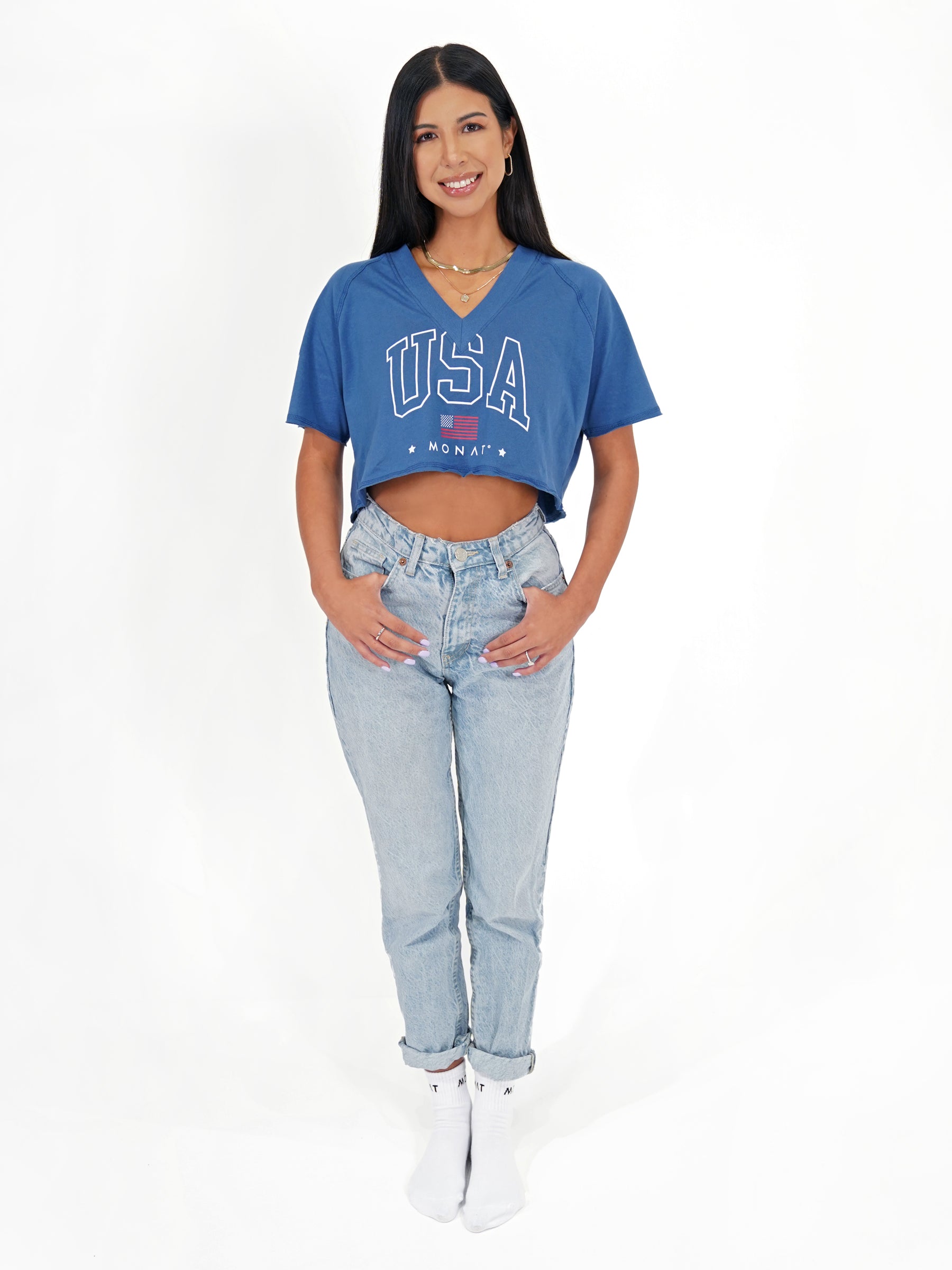 USA BLUE V-NECK CROP TEE