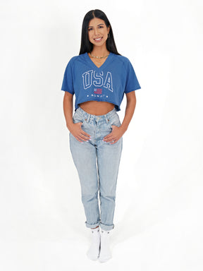 USA BLUE V-NECK CROP TEE