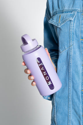 MONAT Glass Water Bottle With Interchangeable Lids - Taro Purple