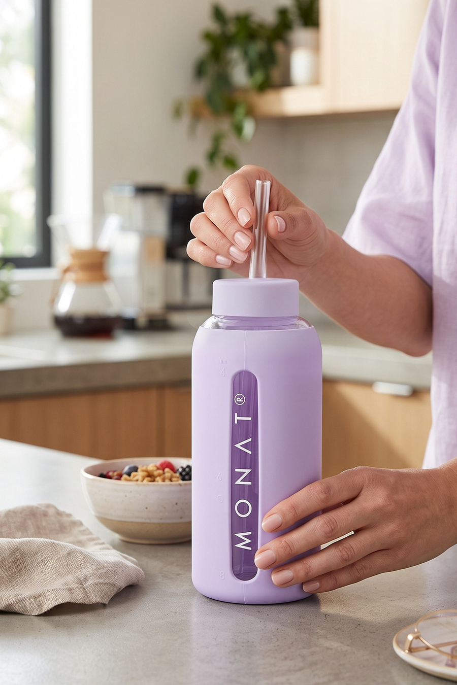 MONAT Glass Water Bottle With Interchangeable Lids - Taro Purple