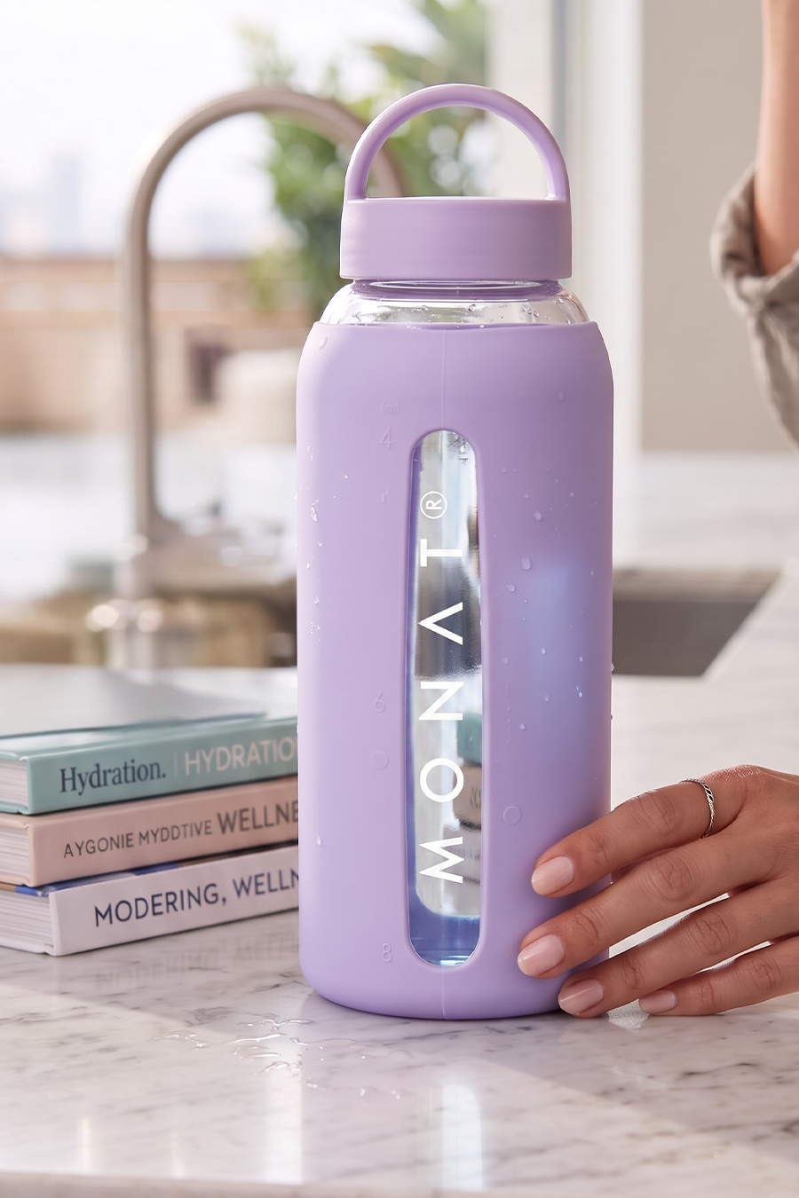 MONAT Glass Water Bottle With Interchangeable Lids - Taro Purple