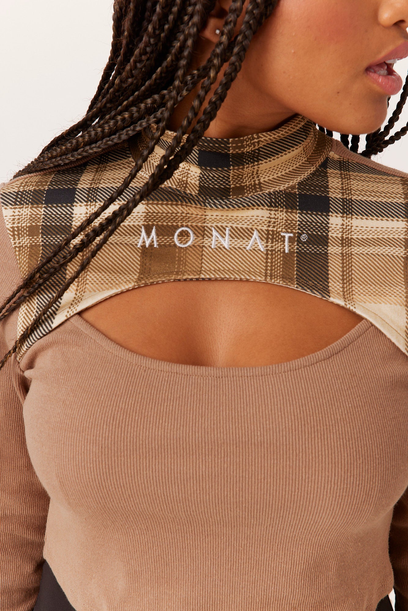 MONAT PLAID CUT-OUT LONG SLEEVE CROP - BEIGE