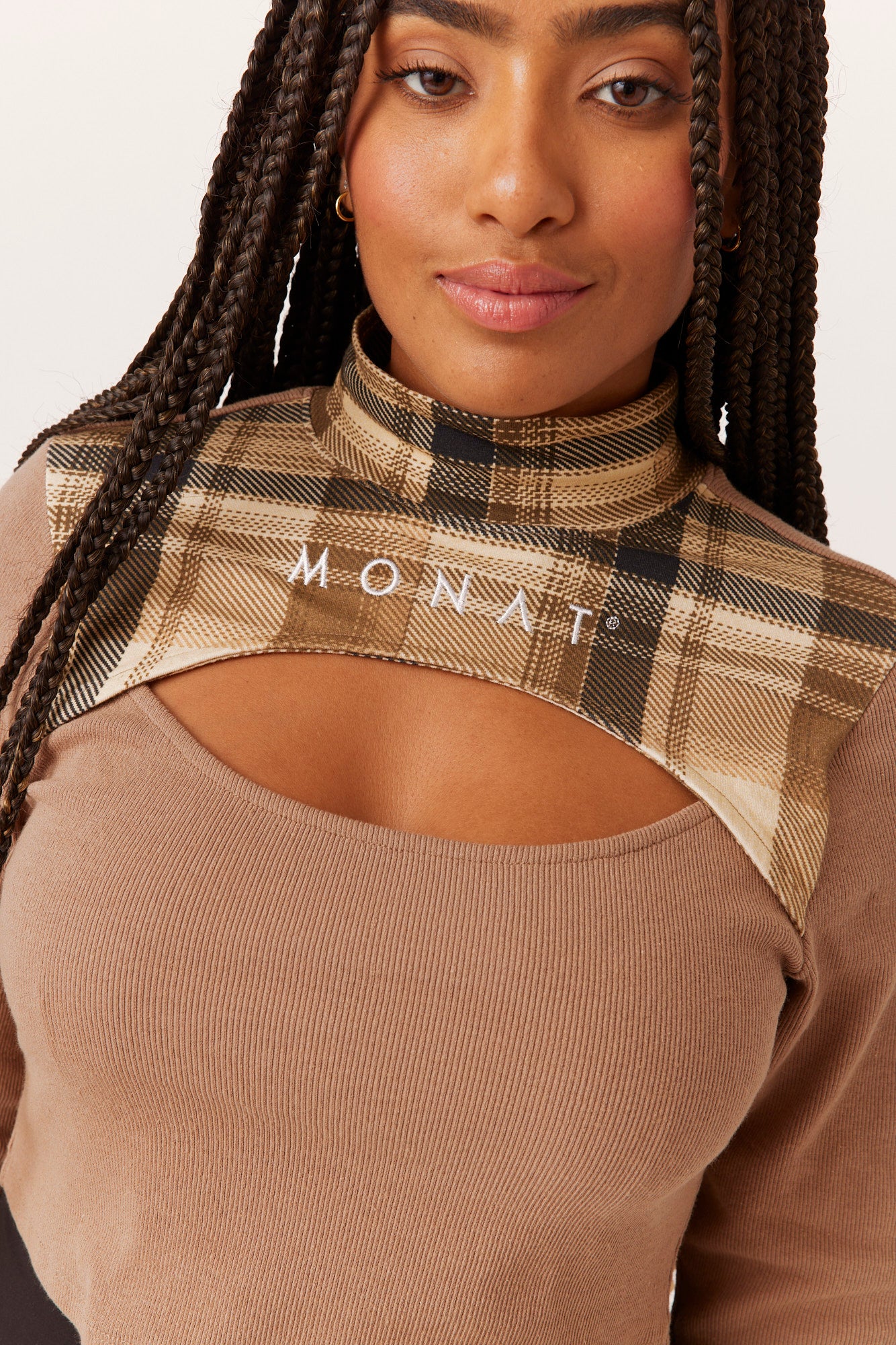 MONAT PLAID CUT-OUT LONG SLEEVE CROP - BEIGE
