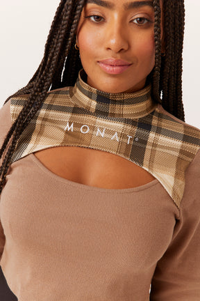 MONAT PLAID CUT-OUT LONG SLEEVE CROP - BEIGE