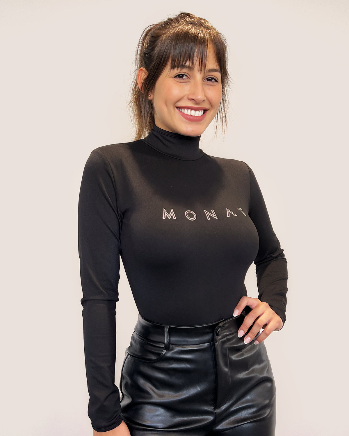 MONAT High Neck Body Suit Black Size XL NWT All Over Logo